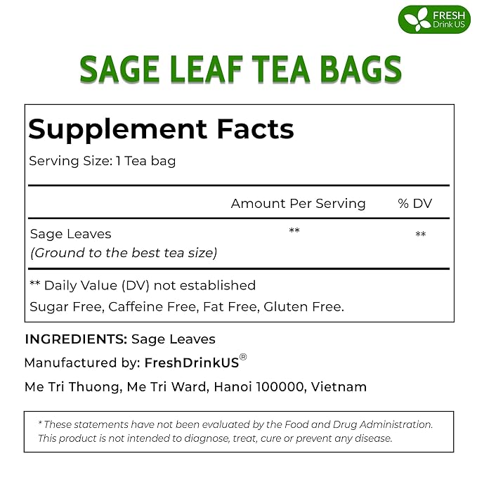 FreshDrinkUS, Premium 35 Sage Leaf Tea Bags, 100% Natural & Pure from Sage Leaves. Loose Leaf Herbal Tea. Made with Natural Material Tea Bags. No Sugar, No Caffeine, No Gluten, Vegan.