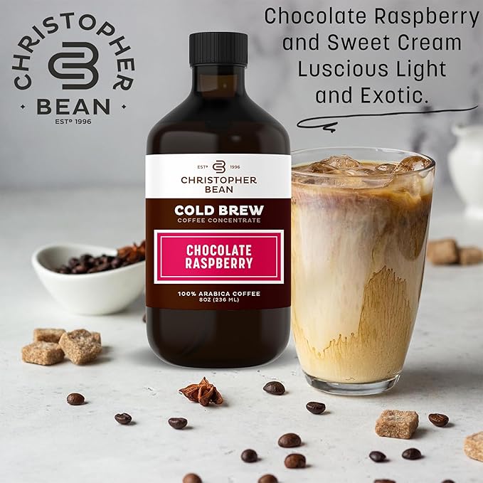 Christopher Bean Hand Crafted Chocolate Raspberry Flavored Coffee - Certified Kosher - Unsweetened Cold Brew & Iced Instant Coffee Distillate Liquid Java - Extract 100% Arabica, (8-Ounce), 236 ml