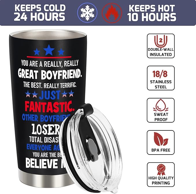 Best Gifts for Boyfriend Gifts from Girlfriend - Funny Christmas Anniversary Birthday Gift for Him Boyfriend Bf, Valentines Day Tumbler Cup, 20 OZ Stainless Steel Insulated Travel Coffee Tumbler Cup