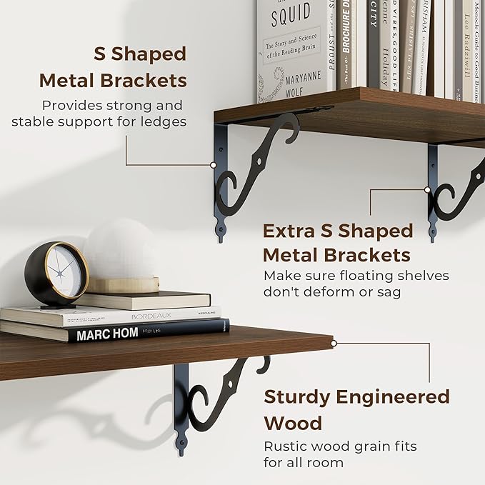 RICHFOCUS 12 Inch Deep Floating Shelves for Wall, 55" W x 12" D Wood Wall Shelves Set of 2, Wide Floating Shelves for Living Room, Bedroom, Kitchen, Bathroom and Decor Storage, Walnut