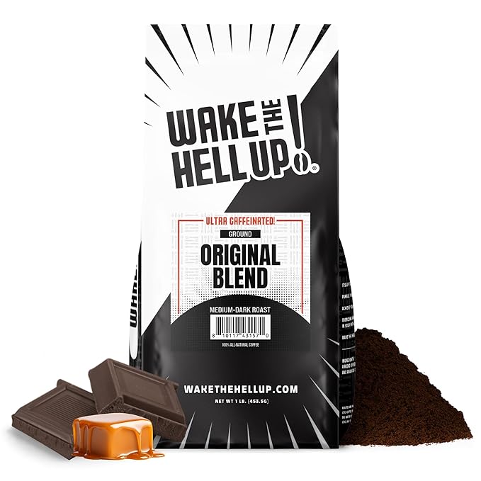 Wake The Hell Up! 1lb Ultra-Caffeinated Original Ground Coffee, Low Acid, Medium-Dark Roast