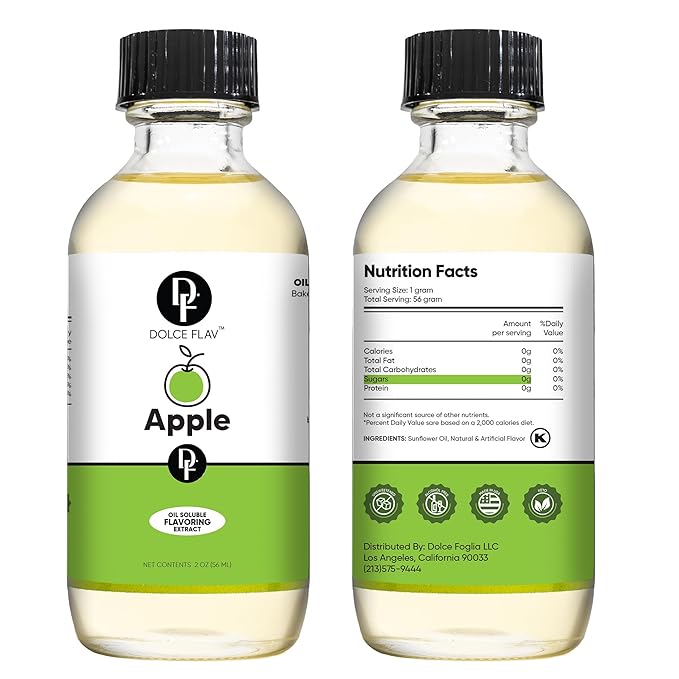 Dolce Flav Apple Extract 2 Ounce Oil-Soluble Kosher, Sugar-Free, Concentrated Crisp Apple Flavoring for Baking, Chocolates & Desserts, Includes Measured Dropper, Pack of 2