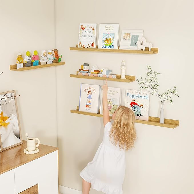 Fun Memories Picture Ledge Shelf, Floating Shelves Set of 4, 36 Inch Picture Shelves for Wall with Ledge, Large Nursery Book Shelf for Toys Storage, Living Room, Bedroom Decor Frames, Oak