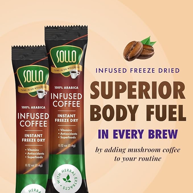 Sollo Super 6 Mushroom Blend Instant Coffee Sticks – 24 Servings | 6 Functional Mushrooms + Vitamins | Medium-Dark Roast 100% Arabica | Freeze-Dried | Single-Serve Sticks