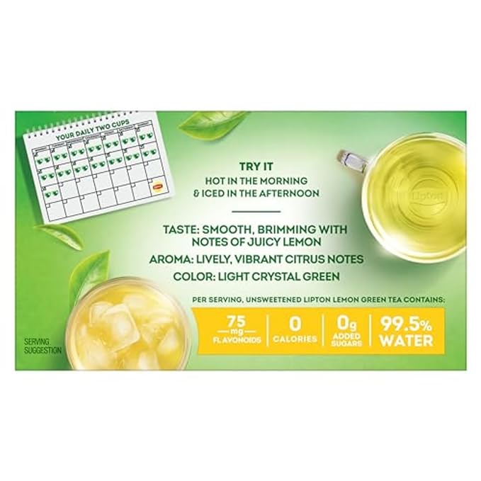 Lipton Lemon Green Tea Bags, Flavored, Unsweetened Teabags for Hot Tea or Iced Tea with Caffeine and Flavonoids, 120 Total Tea Bags (20ct - Pack of 6)