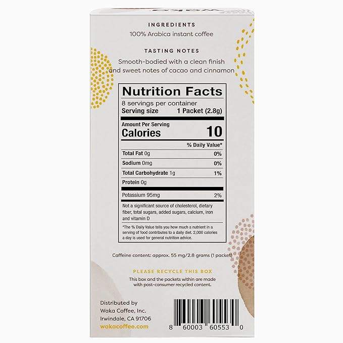 Waka Premium Instant Coffee Sachets — 100% Arabica Freeze Dried Beans — For Hot or Iced Coffee (8 Count, House Roast)