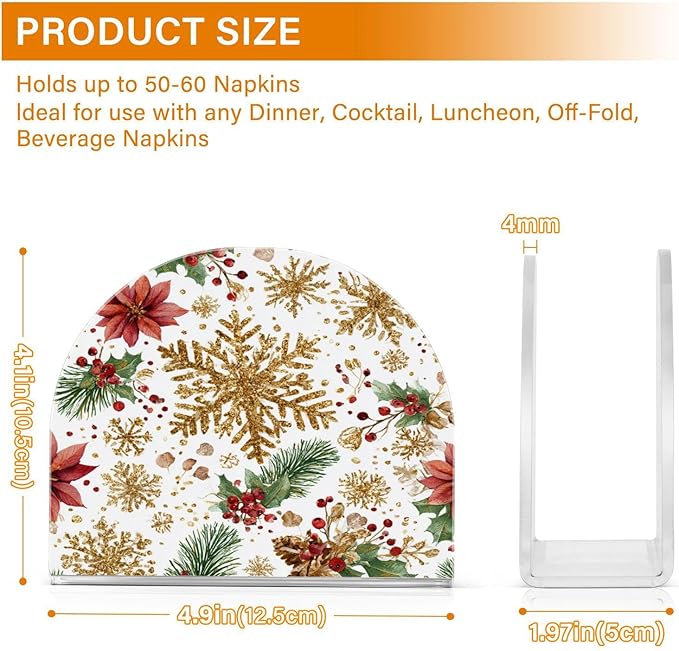 Christmas Golden Glitter Snowflakes Napkin Holder for Table Paper Cocktail Napkin Holders for Kitchen Dinning Acrylic Dinner Napkin Dispenser for Dinner Home Decor Bar 1 Pack
