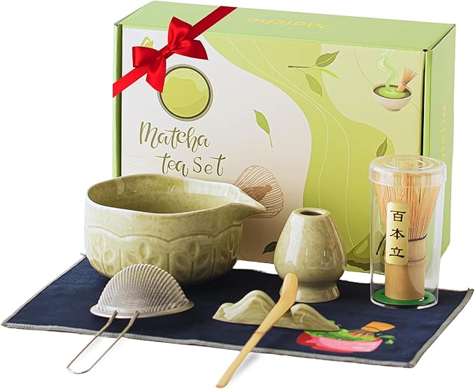 Matcha Whisk Set 8 Pcs Green Matcha Set with Matcha Bowl (Chawan), Whisk, Holder & Accessories – Complete Matcha Kit for Ceremony, Traditional Tea Set for Making Latte, Gift for Family & Friends