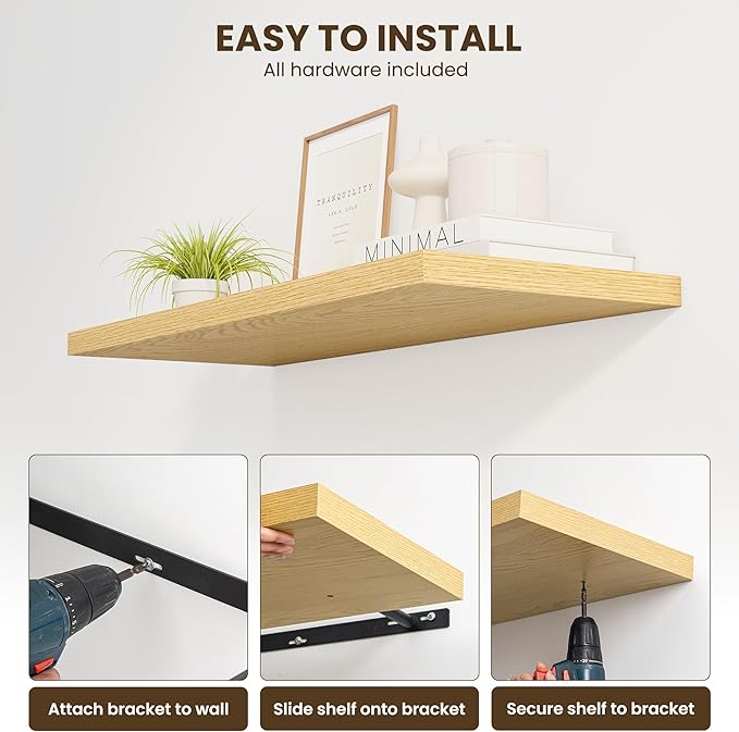 Dreamland 32" Floating Shelves for Wall, 12" Deep Slim Oak Floating Shelves, Wall-Mounted Shelves for Bedroom, Living Room, Kitchen, Bathroom - Set of 2