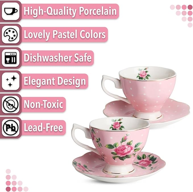 BTaT- Floral Tea Cups and Saucers Set of 2 (8 oz), Porcelain Tea Cup Sets, Pastel Pink Color with Gold Trim, Dishwasher Safe