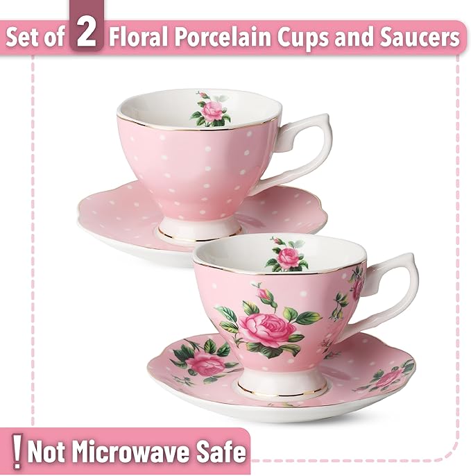 BTaT- Floral Tea Cups and Saucers Set of 2 (8 oz), Porcelain Tea Cup Sets, Pastel Pink Color with Gold Trim, Dishwasher Safe