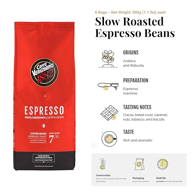 Caffe Vergnano 1882 Espresso Whole Bean Arabica Roast Coffee, 1.1 lb bag - Italian Medium Roast Coffee Beans with notes of Chocolate, Nuts & Caramel, Intensity 7/10-500g Bag (6 Pack)
