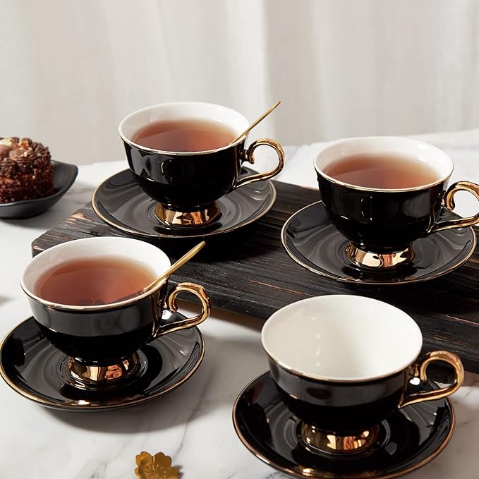 DUJUST Tea Cups and Saucers Set of 4 (7.4oz), Luxury Tea Cup Set with Golden Trim, Black Coffee Cups with Metal Stand, British Porcelain Tea Party Set - Black