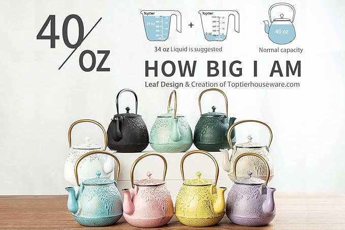 Tea Kettle, TOPTIER Japanese Cast Iron Teapot with Infuser for Loose Leaf and Tea Bags, Stovetop Safe Cast Iron Tea Kettle Coated with Enameled Interior for 40 oz (1200 ml), Creamy White