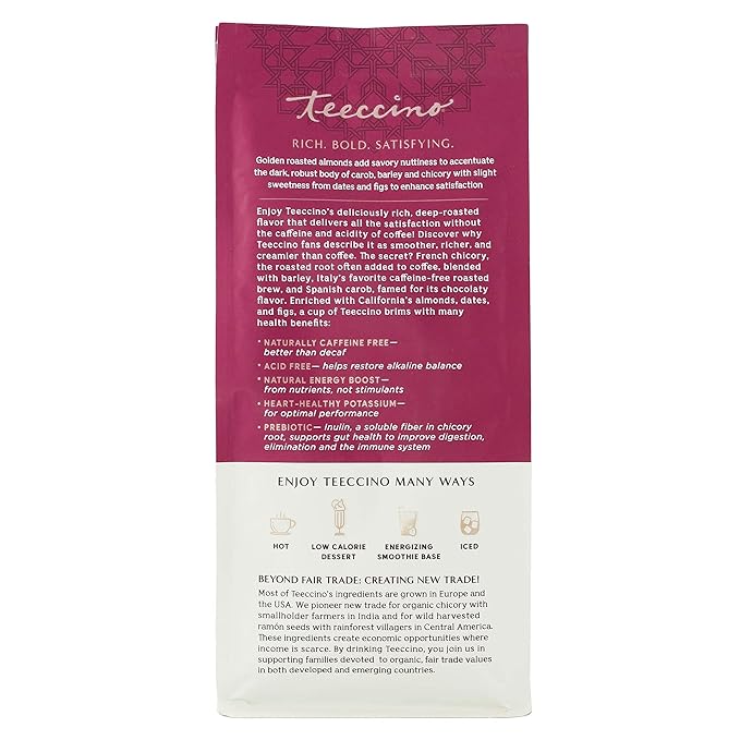 Teeccino Raspberry Mocha Chicory Coffee Alternative - Ground Herbal Coffee That’s Prebiotic, Caffeine Free & Acid Free, Dark Roast, 11 Ounce