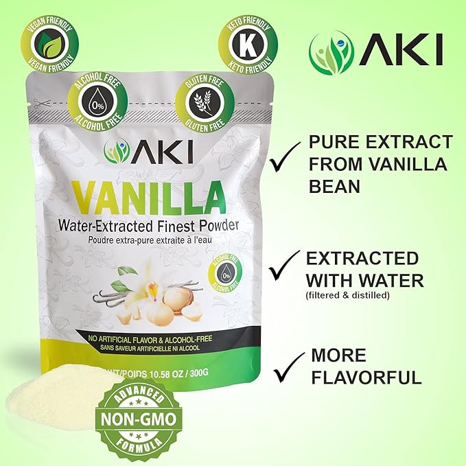 AKI Vanilla Extract Powder from Authentic Beans for Delicious Flavoring, Cooking, Baking, Drinks, Tea, Coffee, Smoothies, Cocktails - Sugar-Free & Alcohol-Free (10.58OZ/300g)