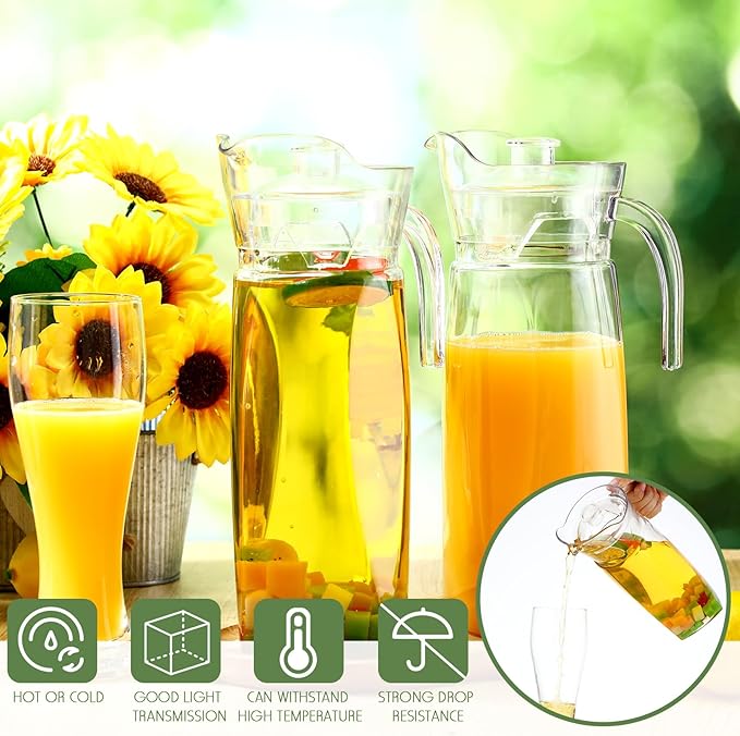 4 Pcs Acrylic Water Pitcher with Lid, Spout Handle Clear Plastic Pitcher Heat Resistant Carafe Unbreakable Beverage Container Fridge Jug for Juice Ice Tea Sangria Lemonade(54 oz,Diamond)