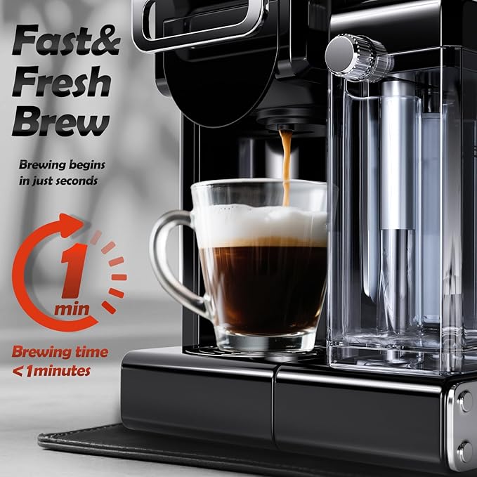 PULZO Espresso Machine with Integrated Automatic Milk Frother, capsule coffee maker for K*cup capsule/Ne*s Original/ground coffee, One Touch Latte & Cappuccino