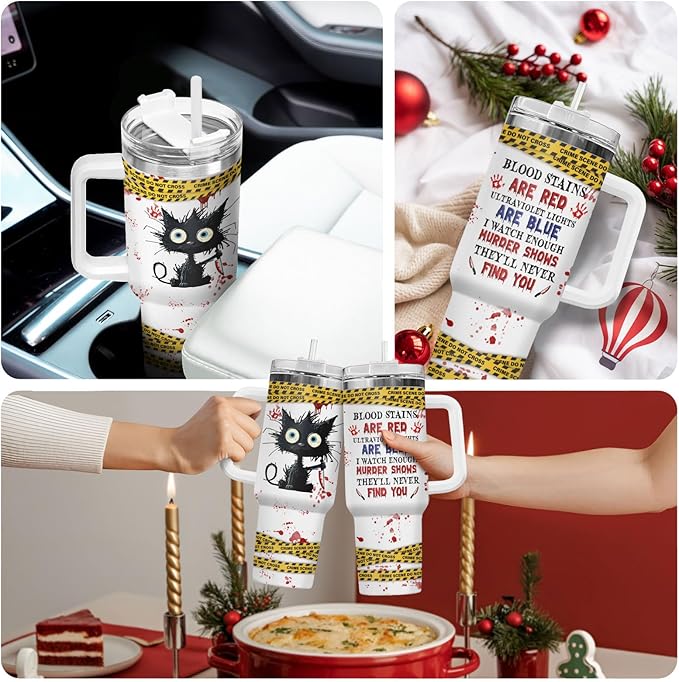 34HD Horror Cat Tumbler with Lid & Straw, 40oz Stainless Steel Vacuum Insulated Coffee Mug with Kitty, Horror Movie Cup, Black Cat Gifts for Women Birthday Halloween Christmas Mothers Day