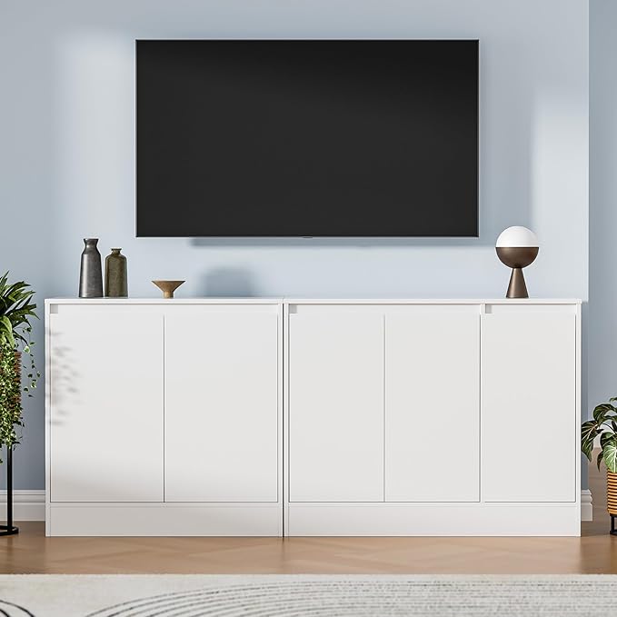 Buffet Cabinet with Storage, Coffee Bar Cabinet with 3 Doors and Adjustable Shelf, Modern Kitchen Buffet Sideboard for Living Room, Kitchen, White