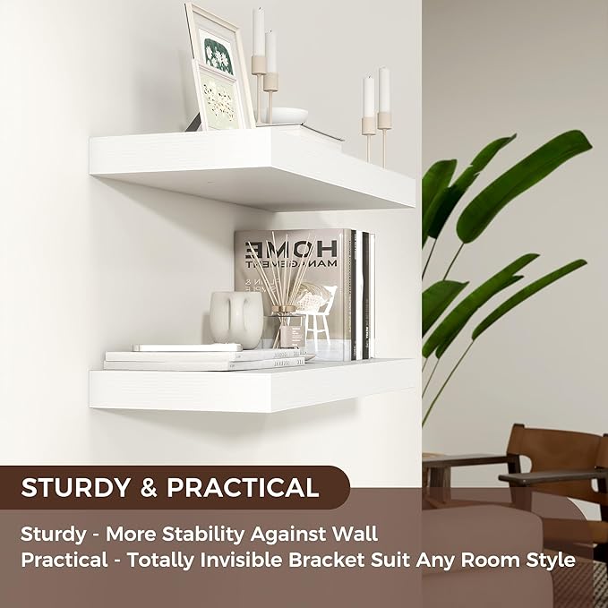 Floating Shelves for Wall, Engineered Wood Wall Shelves with Invisible Brackets for Living Room Bedroom Bathroom Office Kitchen Decor and Storage (White, 24" W x 9" D x 1.5" H) Set of 2