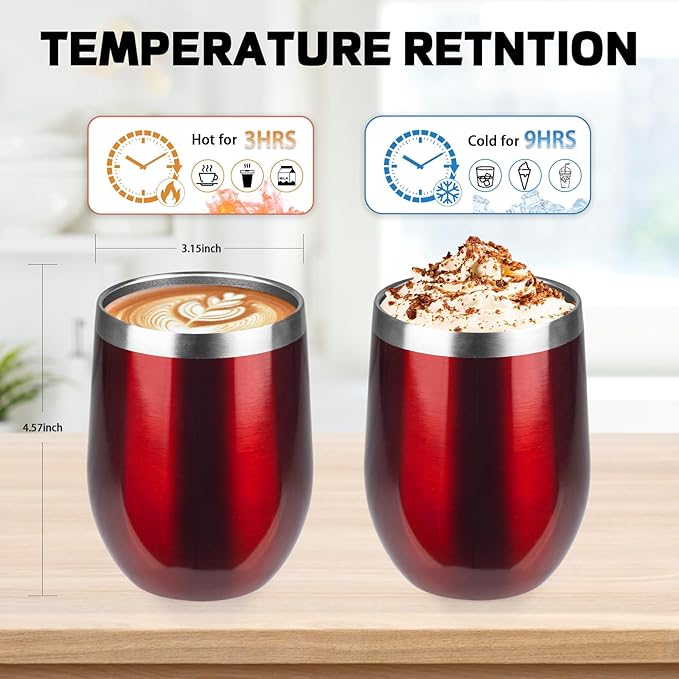StarSpeed 12oz/12 Pack Wine Tumbler with lid, Stainless Steel Travel Mugs Stemless Double Wall Insulated Coffee Cup, Insulated Wine Glasses Travel Tumbler for Cold & Hot Drinks(Transparent Red,12)