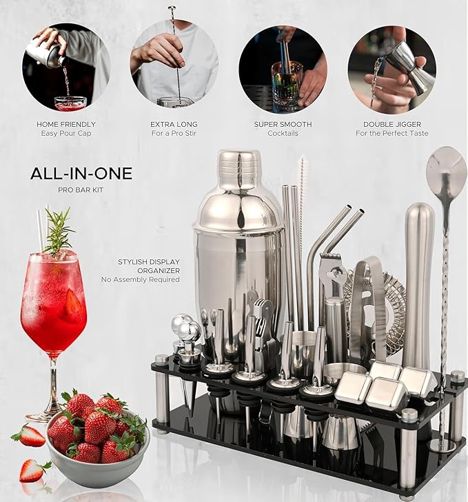 26-Piece Bartender Kit with Acrylic Stand – Premium Cocktail Shaker Set with Mixology Tools & Accessories – Professional Bar Set for Home & Party Drink Making