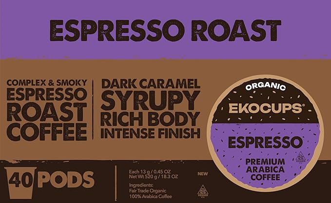 EKOCUPS Organic Espresso Roast Coffee Pods, Extra 30% More Coffee Per Cup, Artisan Fair Trade Dark Roast, Espresso Coffee for Keurig K Cup Machines, Recyclable Pods, 40 Count