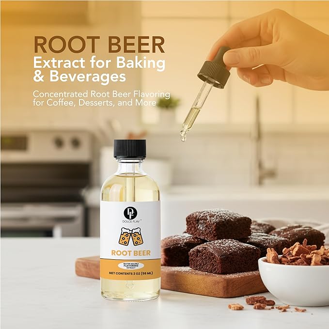 Dolce Flav Root Beer Extract - 2 Ounce Water-Soluble Multipurpose Flavoring Ideal for Baking, Beverages (Coffee, Water Mocktails), and Ice Cream - Root Beer Essence Perfect for Weight Management