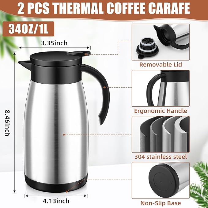 Uiifan 2 Pcs 34 Oz Thermal Coffee Carafe Stainless Steel Insulated Vacuum Coffee Carafes Double Walled Vacuum Thermal Pot Flask with Brushes for Keeping Cold Hot Tea Water Milk Home Office (Silver)