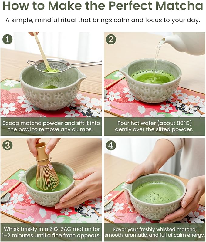Matcha Whisk Sets 7 Pcs Includes Ceramic Bowl, Bamboo Whisk, Scoop, Sifter, Whisk Holder, Scoop Rest & Tea Towel | Japanese Matcha Ceremony Gift Set for Matcha Lovers (Mottled Green)