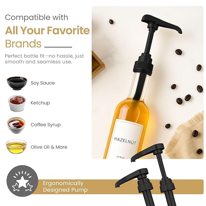 Syrup Pump for Coffee Syrup Bottles – 12-Pack Dispenser Pumps Fits 750ml / 25.4 oz Flavoring Syrup Bottles – Compatible with Torani & More – Black Coffee Syrup Dispenser Pump for Home & Cafe Use.