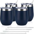 Lifecapido 4 Pack 12Oz Stainless Steel Stemless Wine Glasses, Insulated Wine Tumbler, Stainless Steel Wine Tumbler Cups with Lids and Straws for Coffee, Cocktails, Wine, Champaign, Navy Blue