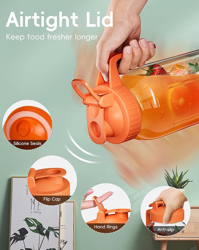 Glass Pitcher with Airtight Lid and Spout, 64oz Glass Mason Jar | Wide Mouth | Leakproof | Water Jug for Juice, Sun Iced Tea, Cold Brew Coffee, Milk Storage, Orange