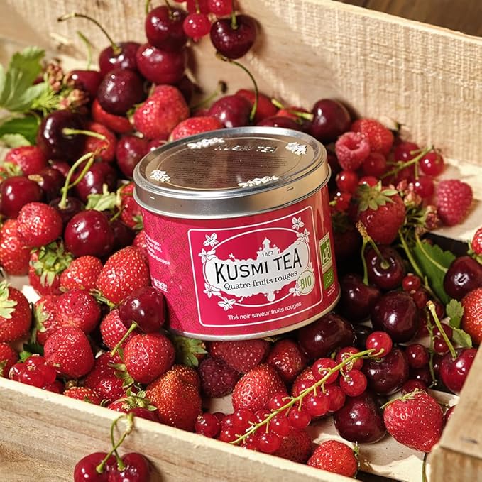 Kusmi Tea - Four Red Fruits - Organic Black Tea - Flavored with Strawberries, Raspberries, Redcurrants & Cherries - Smooth, Flavourful, Caffeinated Tea - Loose Leaf Tea - Tin Box of 3.5 oz