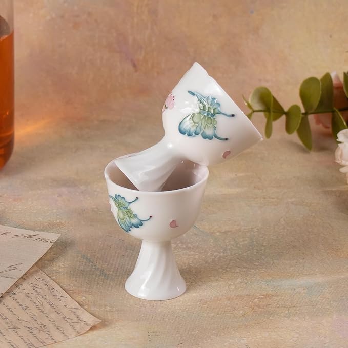 KAMMAK Tea Cup Set of 2 Small Tea Cups 1.4oz White Porcelain Tea Cup Set, Asian Ceramic Teacups for Home, Party, Office, Chinese Kung Fu Tea Set for Hot/Cold Drink (Playing with Butterflies)