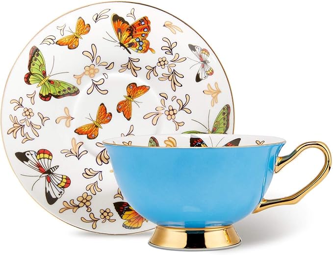 LURRIER Coffee Cup Mug with Saucer for Latte, Cappuccino Tea with Butterflies 6.8 Oz Fine Bone China, Dishwasher Safe, Reactive Glaze, 1 Pcs