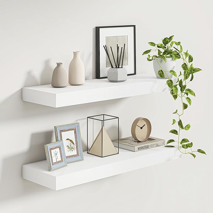 Fun Memories White Floating Shelves for Wall, 30 x 9 Inch Floating Shelf Set of 2, Rustic Natural Wood Wall Shelves, 9" Deep White Bathroom Shelves for Storage & Display