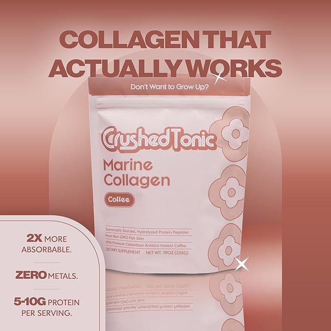 Crushed Tonic Marine Collagen with Instant Coffee - for Skin, Hair & Health - Hair & Nail Care Beauty Supplement - Halal & Kosher Protein Peptides (Pouch, Colombian Arabica Coffee)