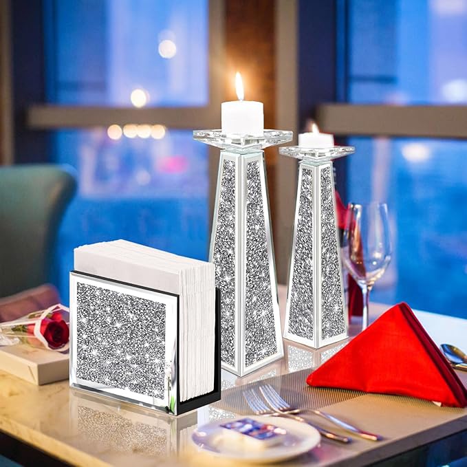 Wocred Mirror Napkin Holder,Crystal Crushed Diamond Vertical Holder,Square Glass Mirror Napkin Holder for Dining Table or Counter in The Kitchen.(5.9”X5.9”X3”)