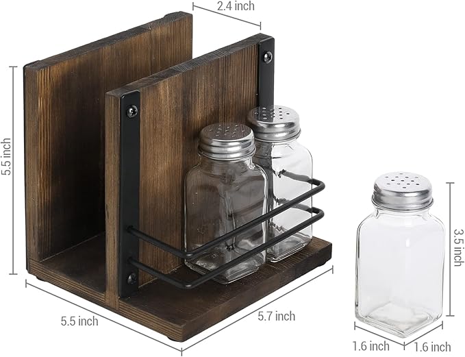 MyGift Napkin Holder with Salt and Pepper Shakers Set, Wood Tabletop Napkin Dispenser with Condiment Organizer and 3 Glass Shakers, Rustic Kitchen Décor
