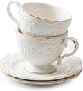 Cups and Saucers Tea Cups Set of 2, Ceramic Coffee Cups with Floral Embossed Design, 200ml (7 oz) Tea Cups and Saucers Porcelain Mugs for Birthday Party Cafe Home Mother's Day Gift