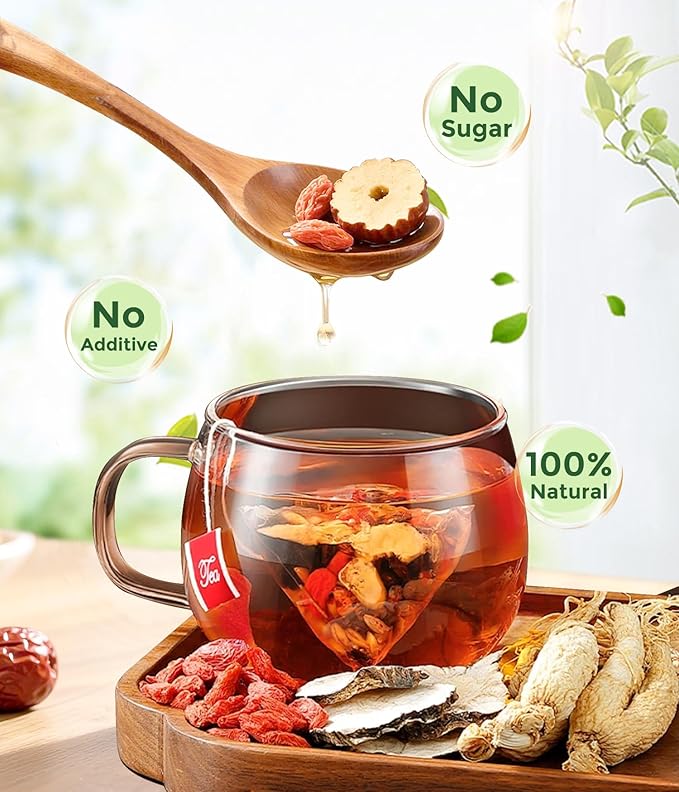 MSFOOT 6-IN-1 Ginseng Herbal Treasures Tea Bags Kidney Tea- with Goji Berry, Maca, Jujube & Mulberry & Huangjing - Energy & Vitality Support - 25 Count Resealable Bag, No Sugar, No Artificial Flavors Chinese Herbal Ginseng Blend Tea (Caffeine-Free)
