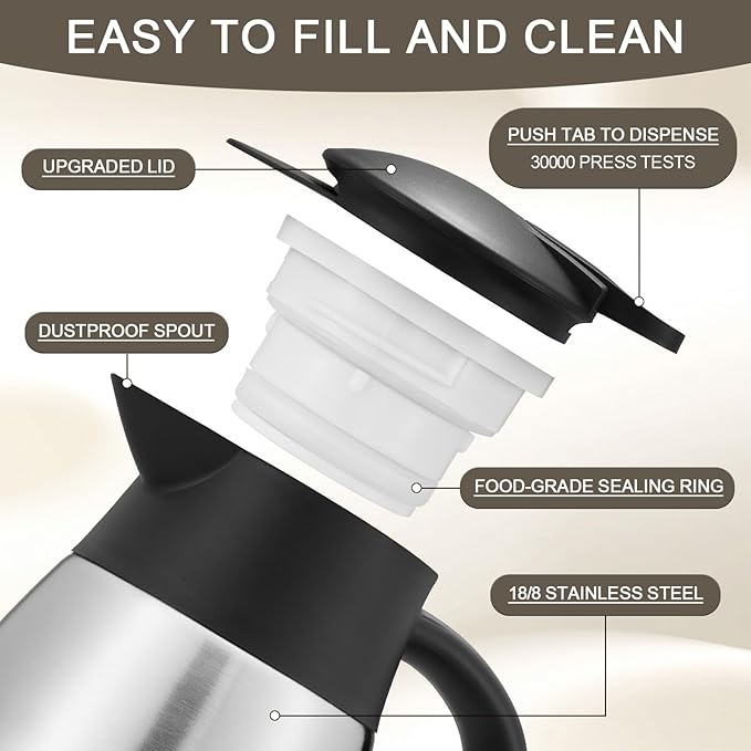 TIPTAP 70oz Thermal Coffee Carafe, Stainless Steel Insulated Vacuum Coffee Carafes For Keeping Hot and Cold, 2 Liter Beverage Dispenser