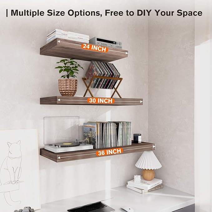 Floating Shelf, Set of 1 Wall Shelf, 24 in W x 12.75 in D x 2 in H Wooden Floating Wall Shelf with Invisible Brackets for Living Room/Bedroom/Bathroom/Kitchen Storage and Decor, Walnut