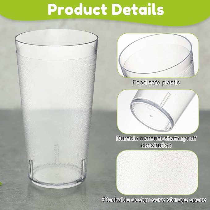 Mumufy 48 Pieces Stackable Plastic Tumblers Restaurant Drinking Glasses, 20 oz Frosted Reusable Plastic Lightweight Restaurant Tea Cups Beverage Tumblers, Clear