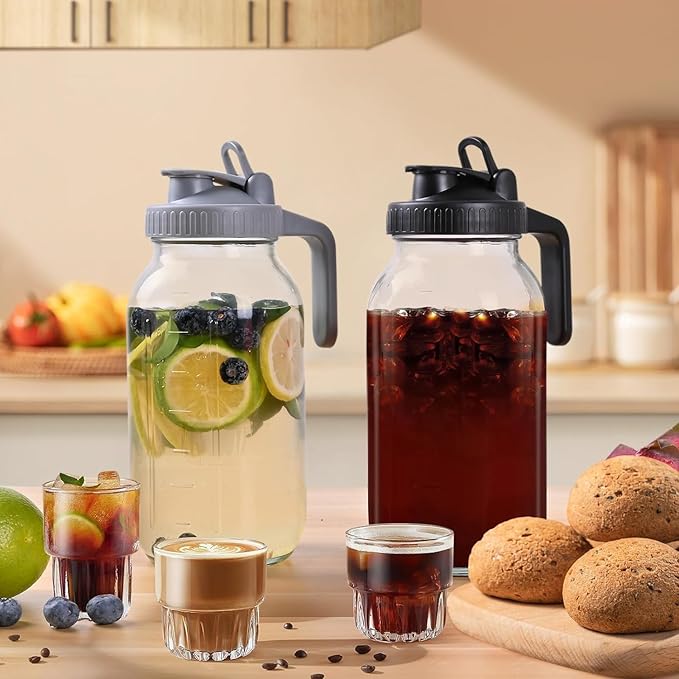 64OZ Glass Pitchers with Lid, Wide Mouth Water Jugs, Leak-Proof Airtight Mason Jars for Cold Brew Coffee, Iced tea, Milk, Food Storage, Sun Tea, Black