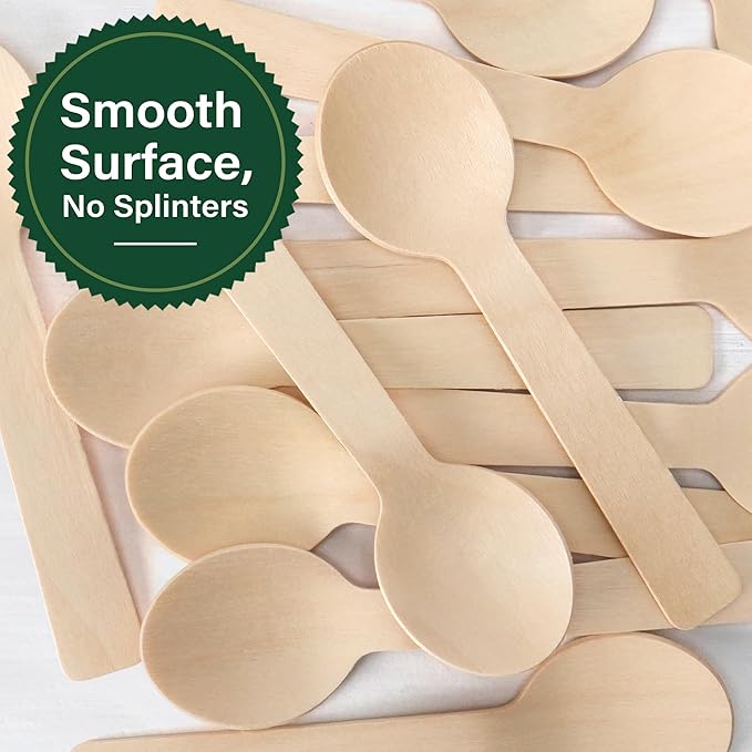 LotFancy 200 Mini Wooden Spoons, 4 Inch Length, Biodegradable Compostable Eco-friendly Birchwood Taster Spoons