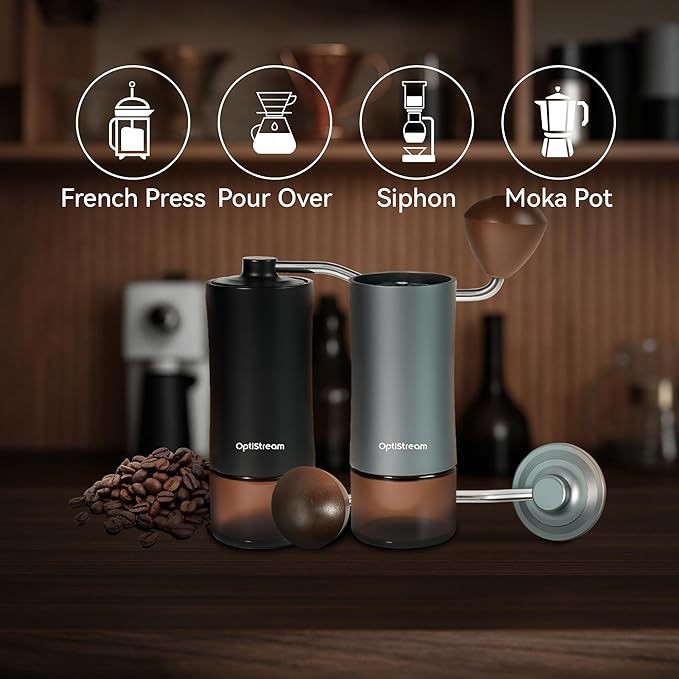 6-Burr Manual Coffee Grinder – Easy-Use CNC420 High-Carbon Steel, Gray Aluminum Body & Glass Jar, 25 g Capacity, Slim design for travel