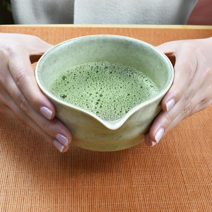 Artcome 7-Piece Matcha Tea Set - Complete Japanese Ceremony Kit with Bowl, Whisk, Scoop, Strainer & Guide, Mottled Light Green